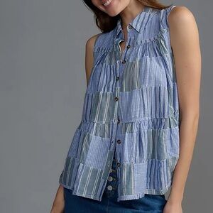 Anthropologie Pilcro Tiered Sleeveless Blouse Blue Patchwork Swing Button XS P